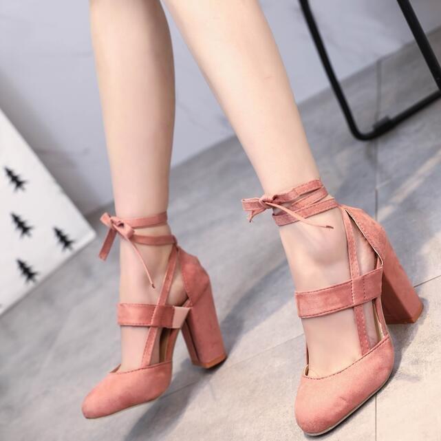 Ankle Strap High Heels Flock Gladiator Shoes Thick Heel Fashion Women