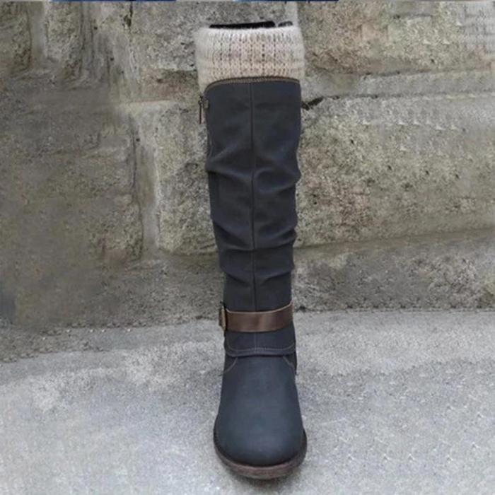 Sweat Knit Top Zipper Buckle Mi-Calf Pu Low Heels Boots