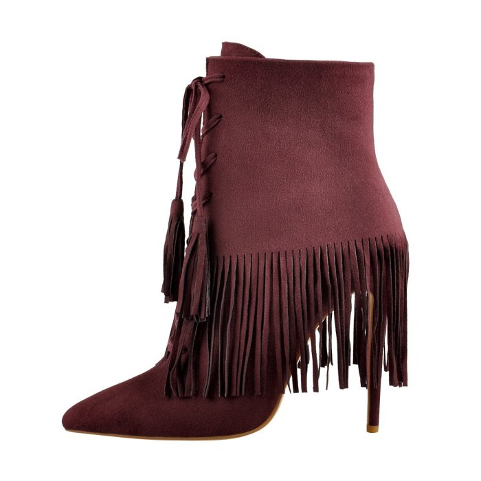Suede Tassel Pointed Toe Stiletto Heels Ankle Boots