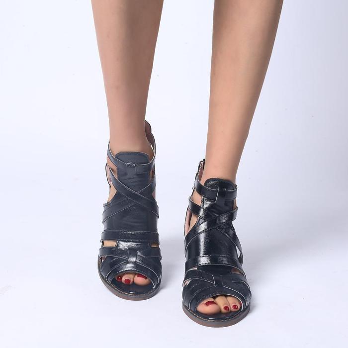 Solid Band High Chunky Heels Back Zipped Women Sandals