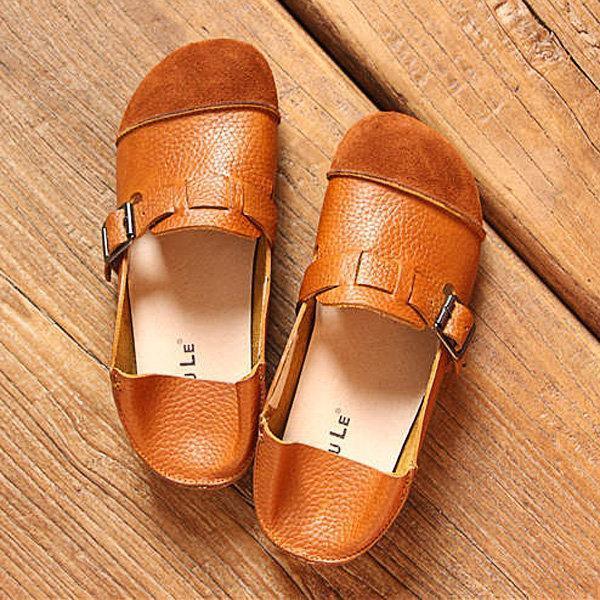 Genuine Leather Buckle Color Blocking Soft Flat Loafers