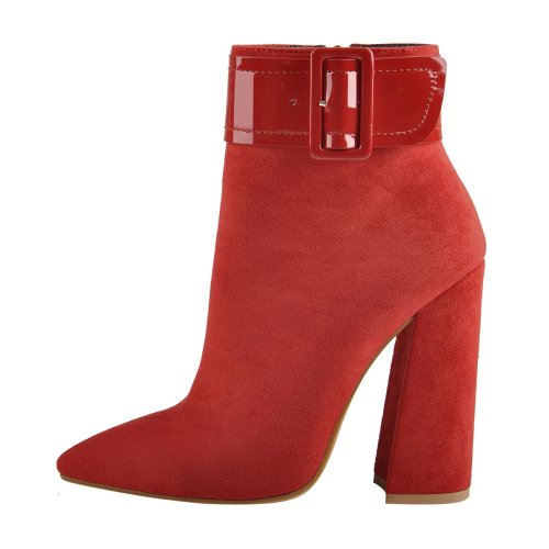 Red Suede Pointed Toe Buckle Chunky Heels Ankle Booties
