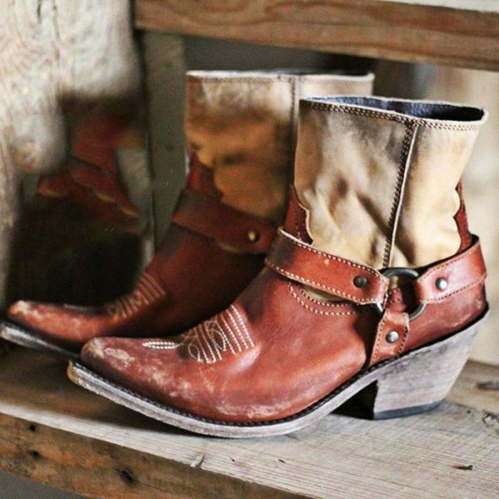 Retro Western Cowboy Boots Block Heel Brown Ankle Boots