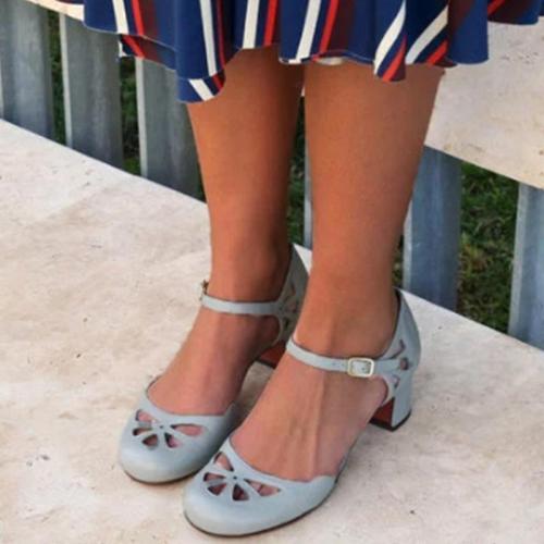 Summer Medium Chunky Heels Hollow Ankle-Strap Sweet Round Toe Sandals