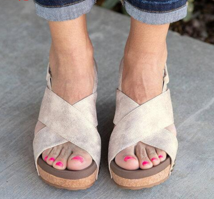 Women's Microfiber Peep Toe Velcro Middle Wedge Heel Sandals