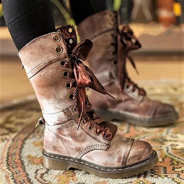 Women Vintage Lace-up Leather Mid-Calf Chunky Heel Boots