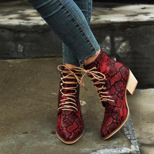 Snake Print Pointed Toe BootiesLace Up Women Boots