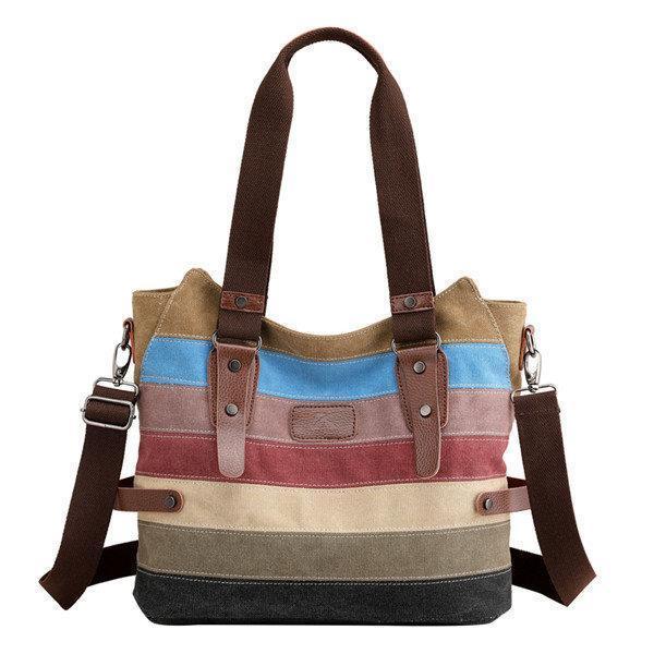 KVKY Canvas Stripe Handbag Vintage Contrast Color Shoulder Bag