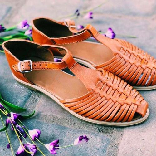 Womens Vintage Casual Summer Flat Heel Pu Buckle Sandals
