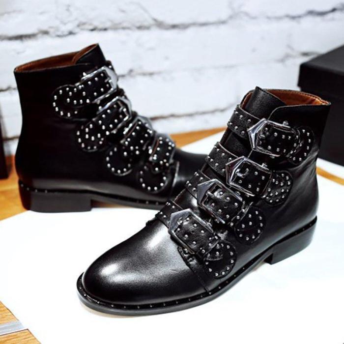 Women Plus Size PU Boots Pointed Toe Low Heel Shoes With Buckle