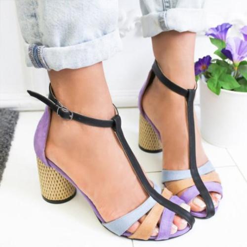 Color Block Chunky High Heeled Peep Toe Date Travel Sandals
