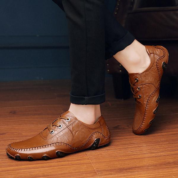 Mens Lace-up Hand Stitching Loafers Breathable Flat Shoes