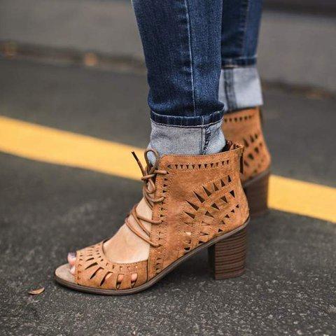 Hollow Lace-Up High Chunky Vintage Gladiator Sandals