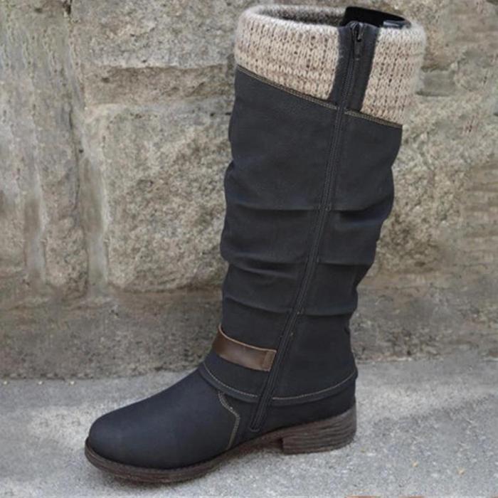 Sweat Knit Top Zipper Buckle Mi-Calf Pu Low Heels Boots