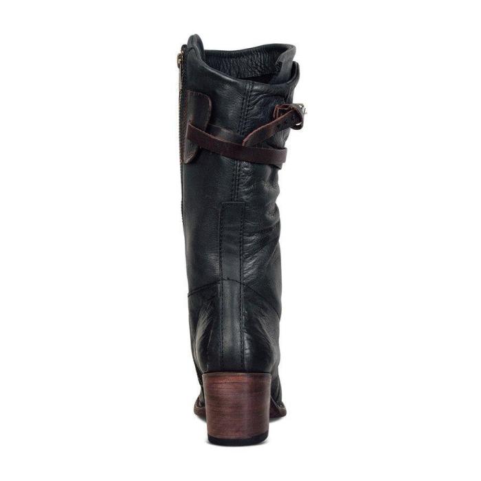Women Vintage Low Heel Zipper Faux Leather Boots