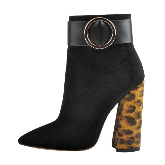 Leopard Chunky Heels Ring Buckle Pointed Toe Ankle Boots