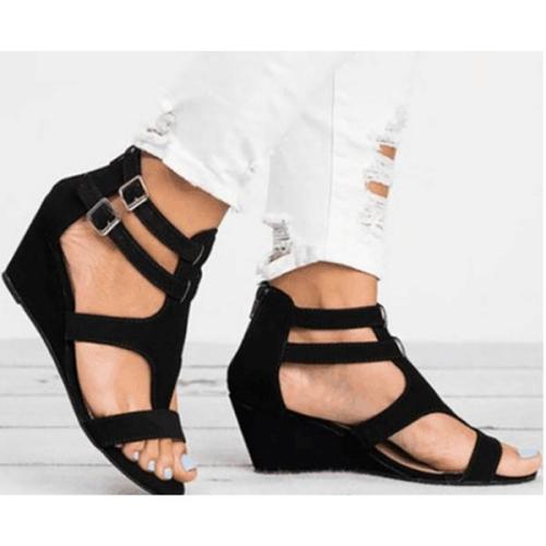 Women Large Size PU Fashion Wedge Adjustable Buckle Hollow Out Sandals
