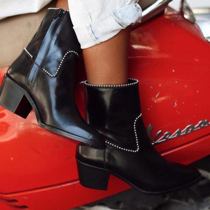 Fashion Women Rhinestone Rivet Mid Heel Chunky Boots