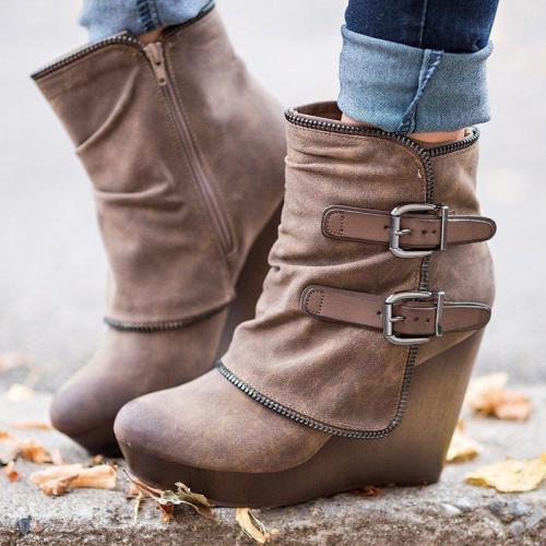 Women Vintage Booties Ankle High Thick Heels Shoes