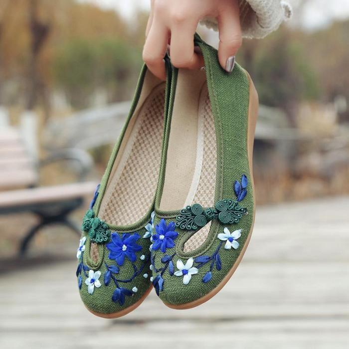 Flower Trim Folk Vintage Low Wedges Shoes