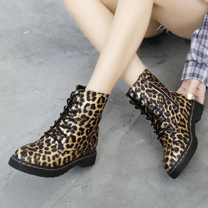 Leopard Print Lace-Up Low Heel Plus Velour Lining Martin Boots