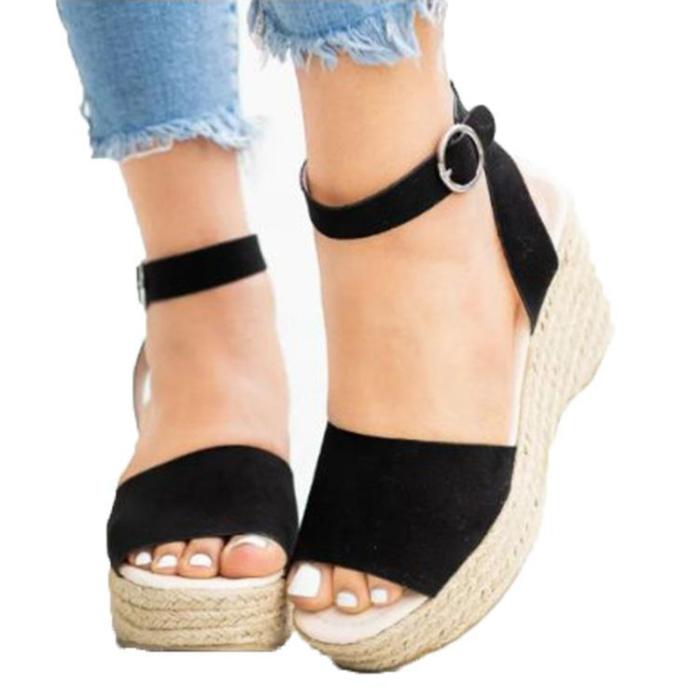 Women's PU Peep Toe Adjustable Buckle High Wedge Sandals
