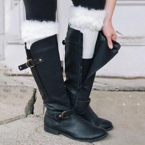Buckle Decorated Black Low-heel Boots