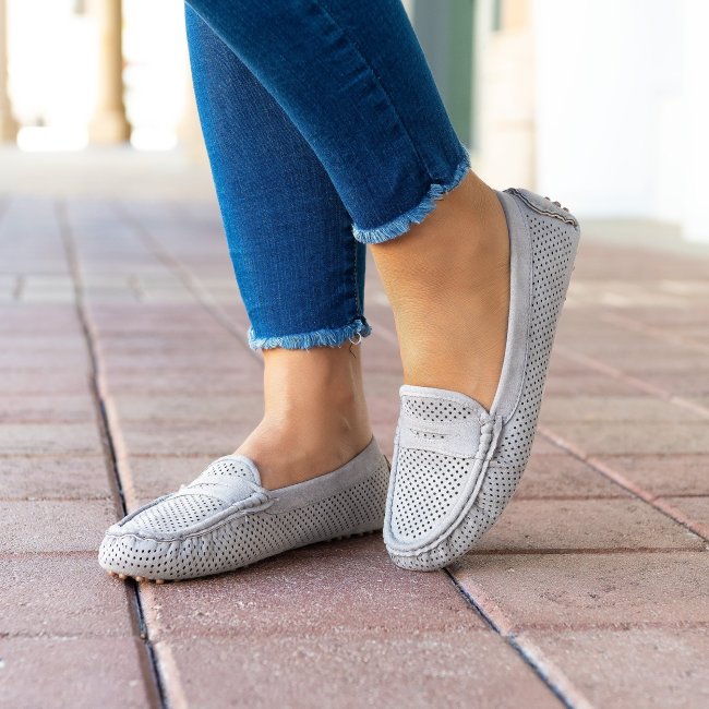 Perforated Grey Loafers Flats