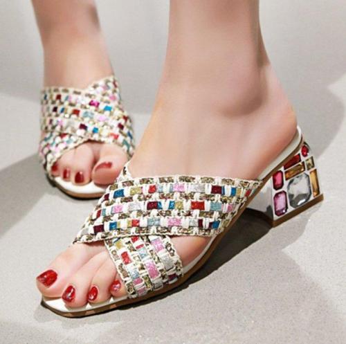 Rhinestone Chunky Heel Glitter Holiday Summer Sandals