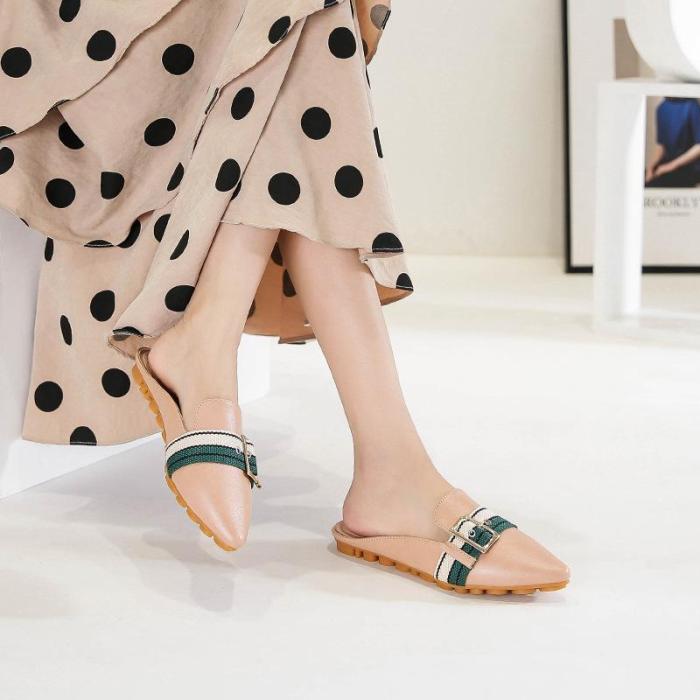 New Pointy Half Wrapped Shoes Women's Fashion Metal Belt Buckle Muller Shoes Pointy Sandals