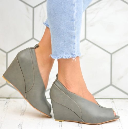 Solid Artificial Leather Peep Toe High Heels Wedges