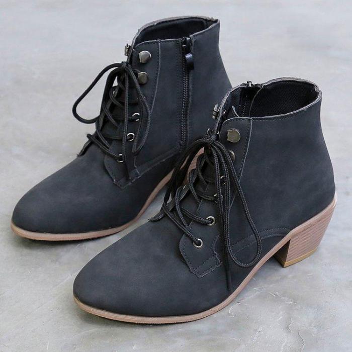 Lace-Up Pu Med Chunky Heel Ankle Booties