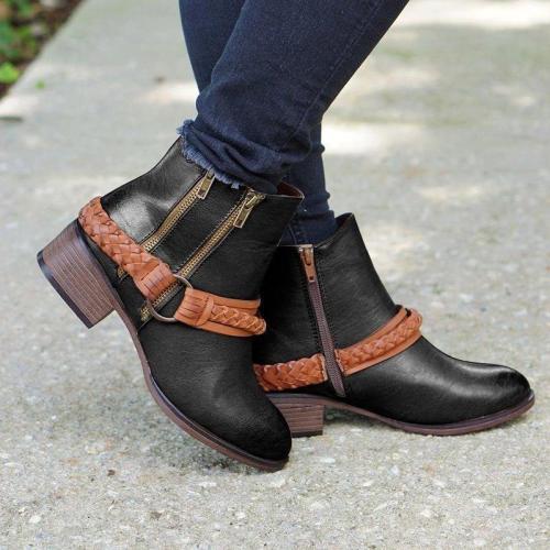 Plus Size Vintage Buckle Double Zip Braid Chunky Ankle Booties