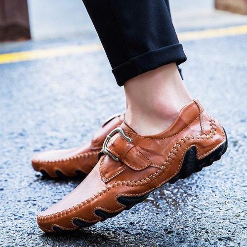 Mens Soft Hand Stitching Cow Leather Hook Loop Casual Shoes