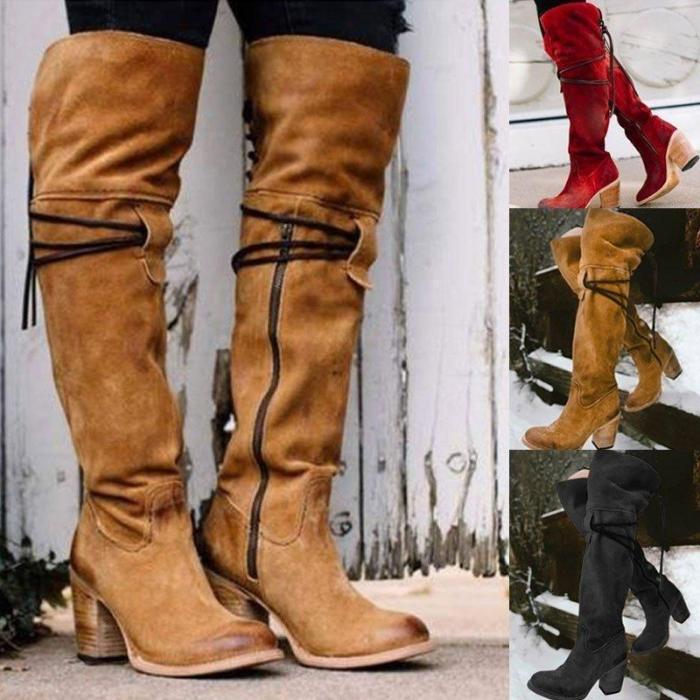 Women Vintage Knee High Lace Up Zipper Boots Plus Size Warm Snow Boots