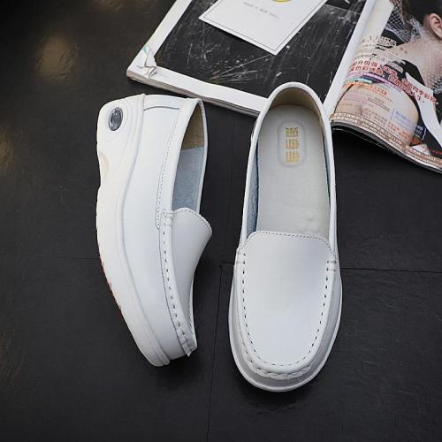 Casual Women Loafers Cow Leather Round Head Girl White Shoes  118817