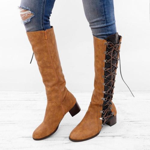 Women Vintage Knee-High Zipper Chunky Heel Daily Boots