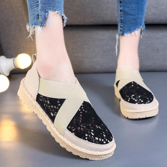 Women Crochet Lace Color Block Round Toe Loafers Sneakers Shoes