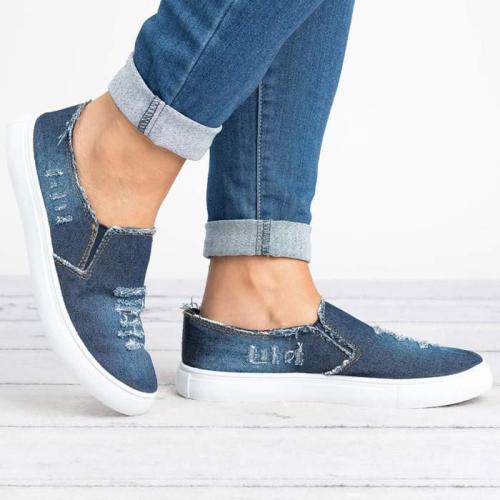 Large Size Washed Denim Loafers Flats Canvas Shoes Women Casual Slip on