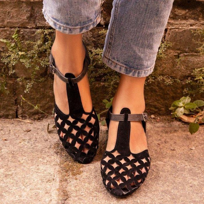 Women Hollow-Out Sandals Low Heel Faux Suede Flat Shoes