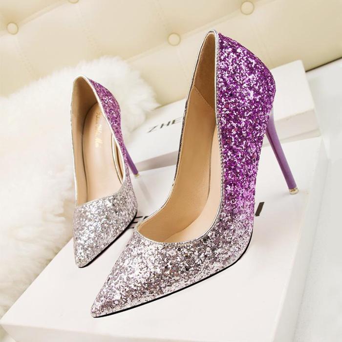 Fashion Sexy Nightclub Pointed Shallow-heeled High-heeled Women's Shoes Sequins Shoes
