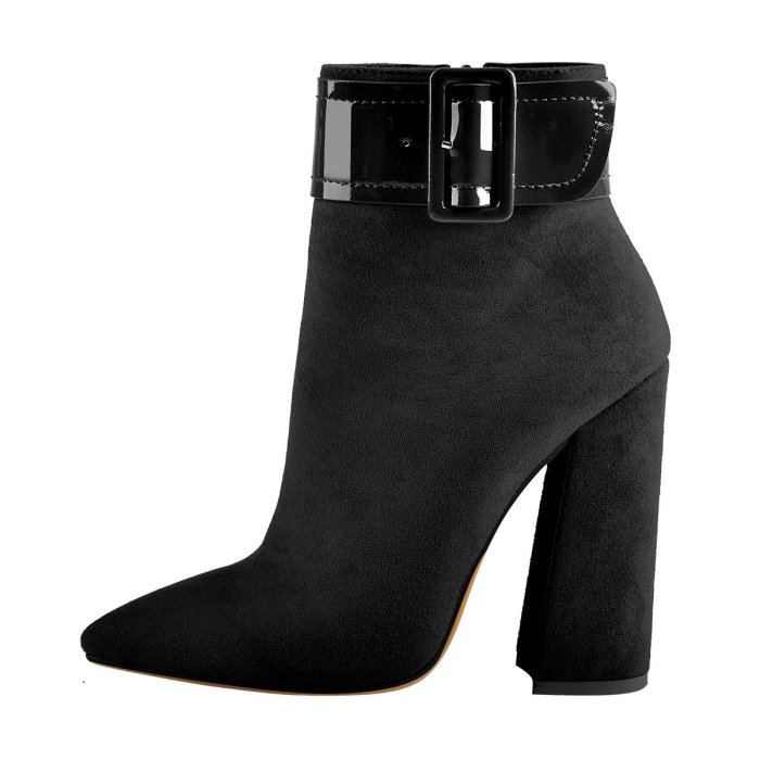 Pointed Toe Chunky Heels Ankle Patent Leather Buckle Suede Boots