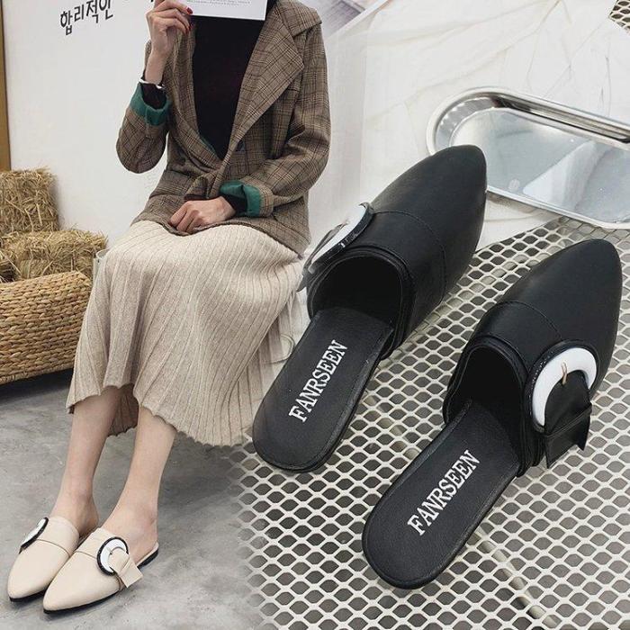 Fashion Outer Wear Pointed Toe Chunky Heel Slipper