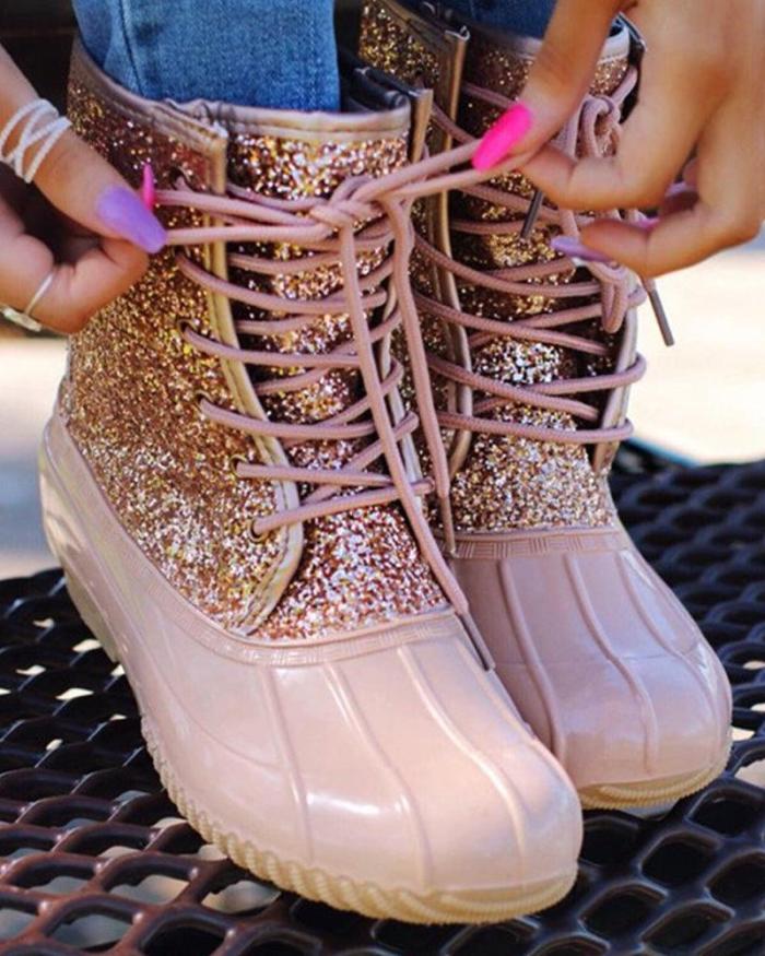 Sequined Lace-Up Ankle Booties