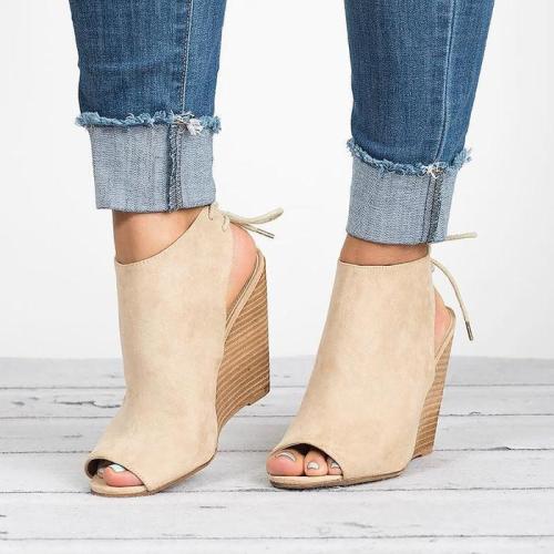 Women Large Size Lace-up Peep Toe Wedges Bootie