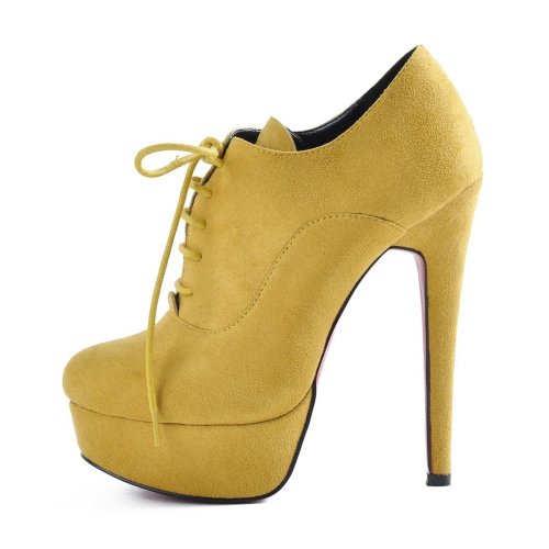 Platform Lace Up Stiletto High Heels Yellow Suede Leather Ankle Bootie