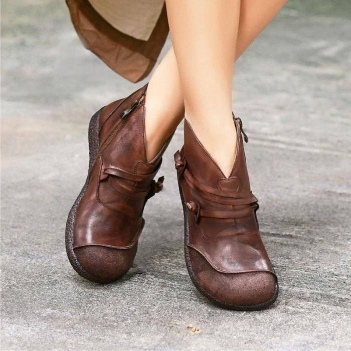 Flat Brown Round Toe Ankle Boot