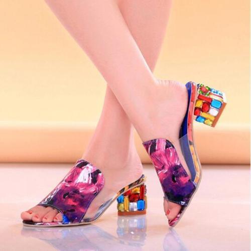 Colorful Crystal Mid Heel Transparent Jelly Casual Slippers