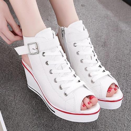 Women's Sneaker High-Heeled Fashion Canvas Shoes High Pump Lace Up Wedges Side Zipper Shoes