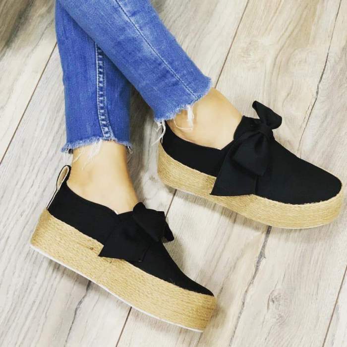 Bowknot Straw-Weaved Platform Vintage Casual Loafers